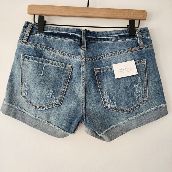 New Kancan distressed raw hem cuffed jean‎ shorts womens size S - Picture 2 of 6